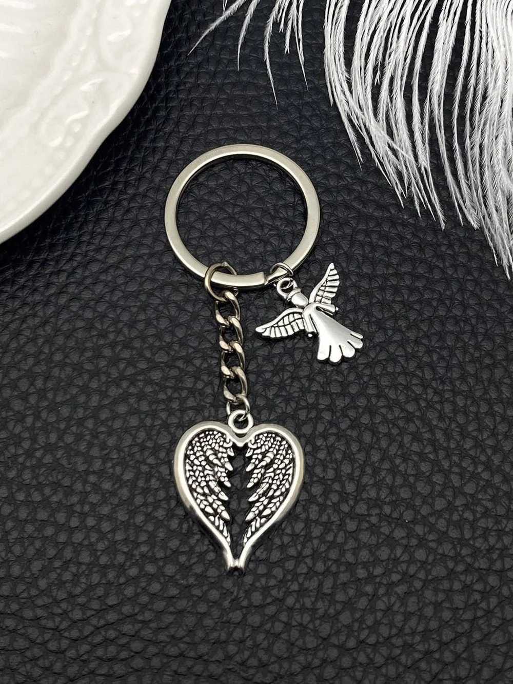 Silver Heart Wings & Dove Keychain